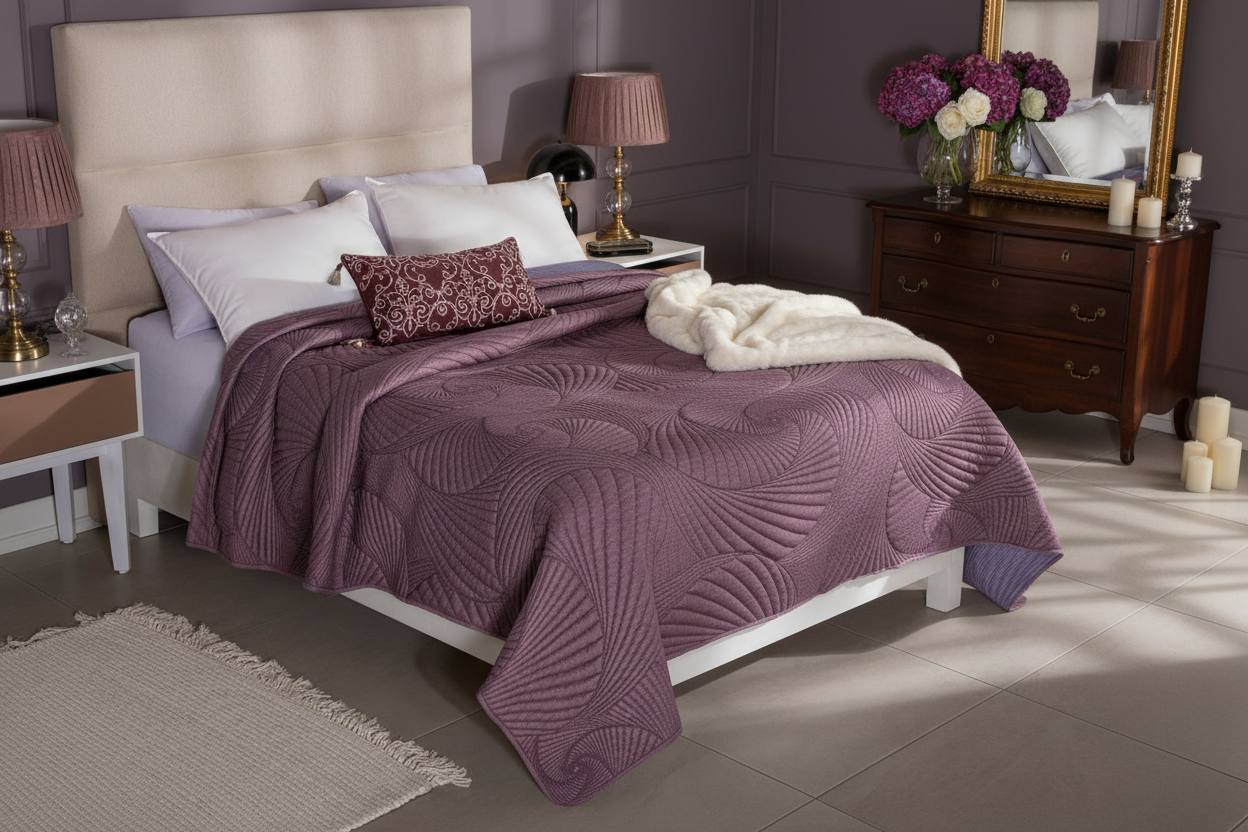Venecia Berry Comforter Set with embroidered cushion in elegant bedroom