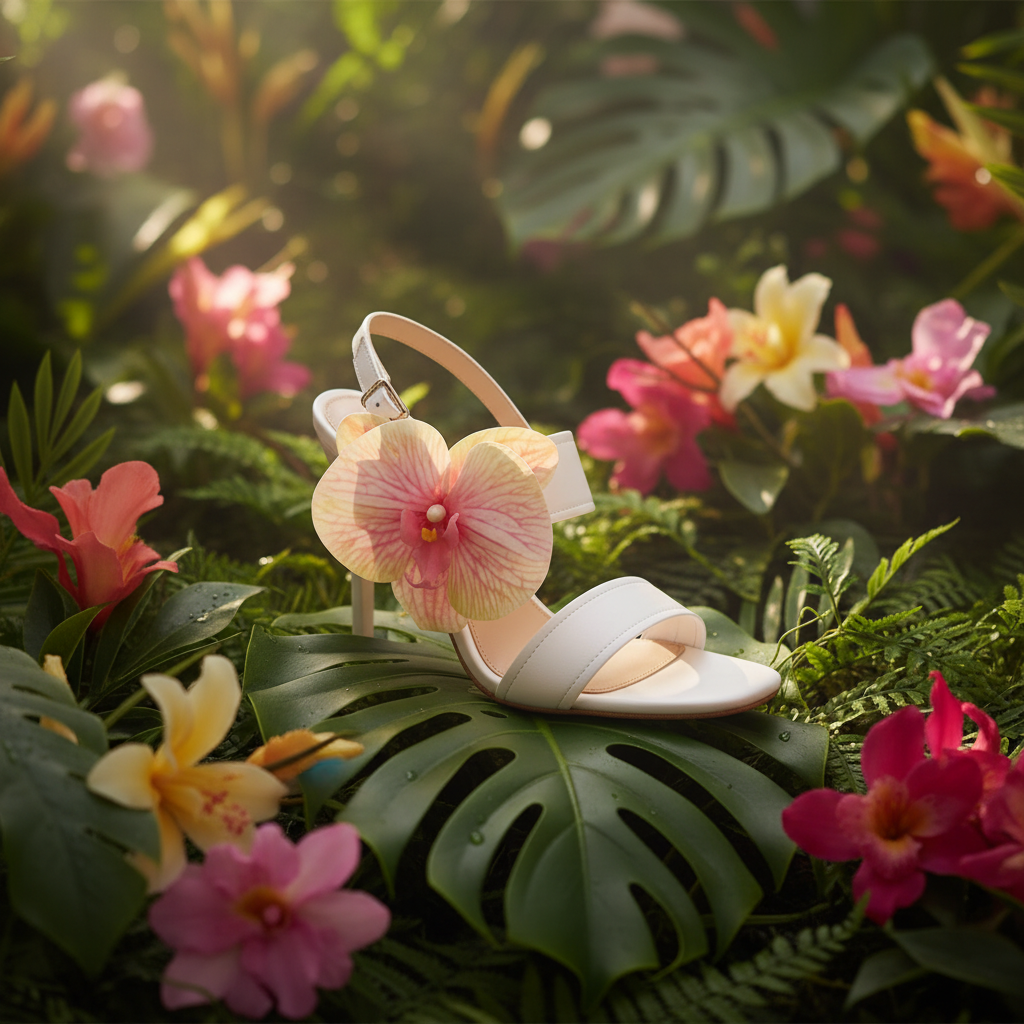 White Orchid Sandals with Floral Background